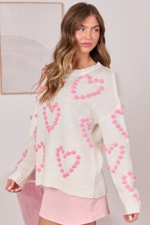 Adore You Ivory and Pink Oversized Heart Pom Sweater